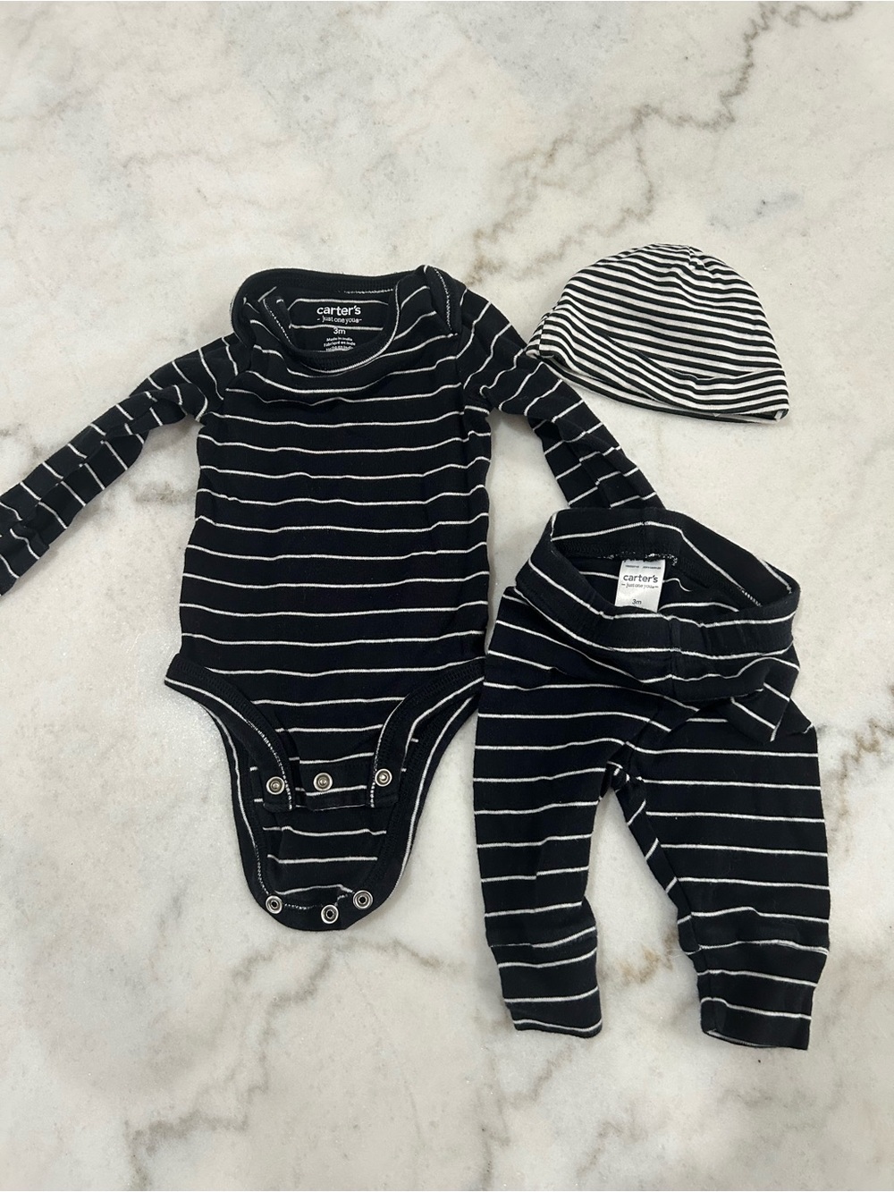 Carter's Black & White Striped Long-Sleeve One-Piece with Pants & Hat